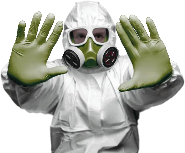 disinfestatore con maschera e tuta protettiva