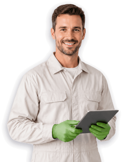 Disinfestatore vespe con guanti protettivi verdi e tablet durante sopralluogo per servizio disinfestazione vespe